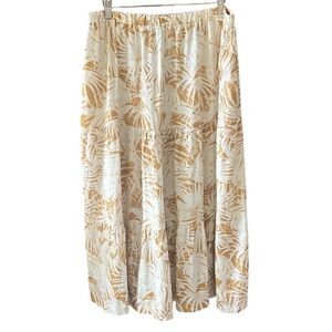 C&C California Sz L Linen Blend Pullon Tiered Midi Skirt Palm Leaf Print Tan